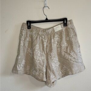 Abercrombie & Fitch Beige Linen-Blend Embroidered High-Waist Shorts